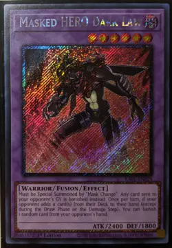 YuGiOh Masked HERO Dark Law Platinum Secret Rare 1st Edition RA01-EN025 - Image 1