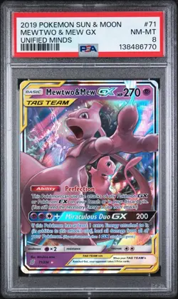 2019 POKEMON SUN & MOON UNIFIED MINDS #71 MEWTWO & MEW GX PSA 8 - Image 1