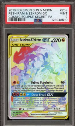 Pokemon Reshiram & Zekrom GX Cosmic Eclipse Secret Rare Full Art #259 PSA 9 Mint - Image 1