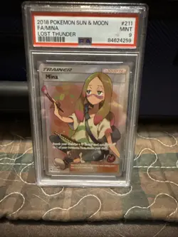 2018 Pokemon Sun & Moon FA Mina Lost Thunder Ultra Rare 211/214 PSA 9 Mint - Image 1