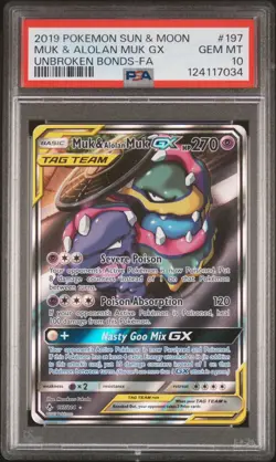 2019 POKEMON SUN & MOON UNBROKEN BONDS #197 FULL ART/MUK & ALOLAN MUK GX PSA 10 - Image 1