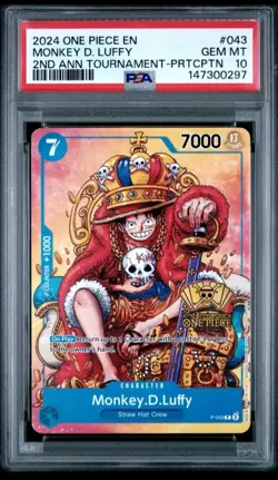 2024 ONE PIECE PROMOS ANNIVERSARY TOURNAMENT #043 MONKEY D.LUFFY PSA 10 RARE - Image 1
