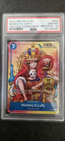 2024 ONE PIECE PROMOS ANNIVERSARY TOURNAMENT #043 MONKEY D.LUFFY PSA 10 RARE - Image 2