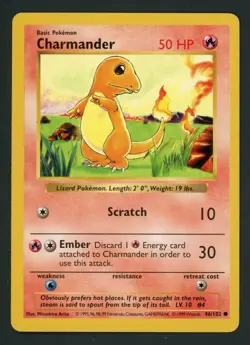1999 Pokemon CHARMANDER Base Set SHADOWLESS Edition Non Holo Card 46/102 - LP - Image 1
