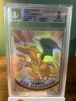 1999 Topps Pokemon Series 1 Black Print 1st Run Rainbow Foil Charizard BGS 8 NM - Image 3
