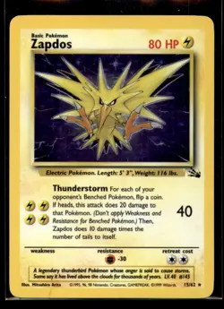 1999 Pokemon TCG Zapdos Holo (15) Fossil #15/62 - Image 1