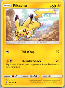 Pikachu Common SM - Burning Shadows 40/147 NM - Pokemon TCG - Free Ship! - Image 1