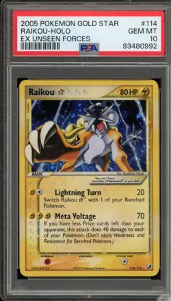 Pokemon Raikou Gold Star EX Unseen Forces Holo Ultra Rare #114 PSA 10 Gem Mint - Image 1