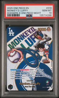 2025 ONE PIECE PROMOS DODGERS X ONE PIECE NIGHT #010 MONKEY D. LUFFY PSA 10 - Image 1