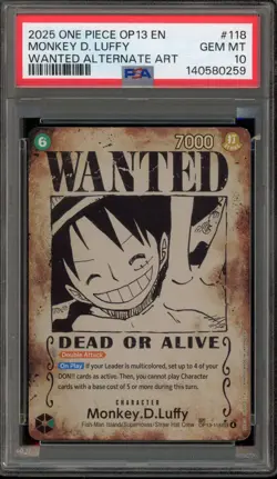 One Piece CCG Monkey.D.Luffy Wanted Alternate Art OP13-118 PSA 10 Gem Mint - Image 1