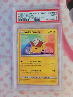 PSA 9 Ash's Pikachu SM108 Promo Pokemon Card Sun & Moon I Choose You Movie - Image 1