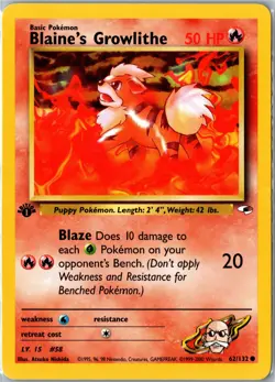 1st Edition Blaine's Growlithe 62/132 - Gym Heroes - Common - Pokemon Card - Image 1
