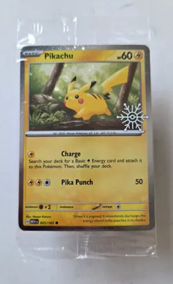 Pikachu 025/165 Holo Pokemon Card Holiday Snowflake Stamp Sealed Pack 151 Promo - Image 1