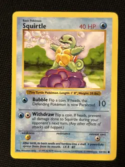 Pokemon Squirtle 63/102 (Shadowless) *Near Mint* Never Played Card - Image 1