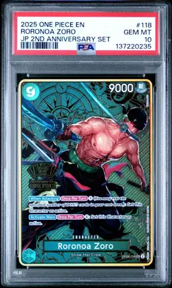 2025 ONE PIECE OP06-118 JAPANESE 2ND ANNIVERSARY SET RORONOA ZORO ENG PSA 10 - Image 1