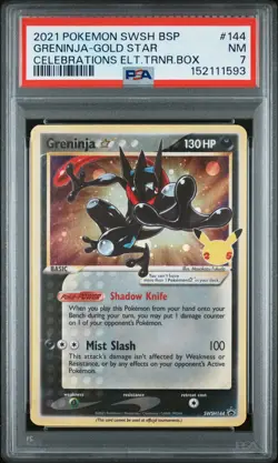 2021 Pokemon Swsh Black Star Promo #144 Greninja Celebrations Elt.Trnr.Box PSA 7 - Image 1