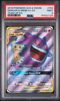 2019 POKEMON SUN & MOON TEAM UP #164 FULL ART/GENGAR & MIMIKYU GX PSA 9 - Image 1