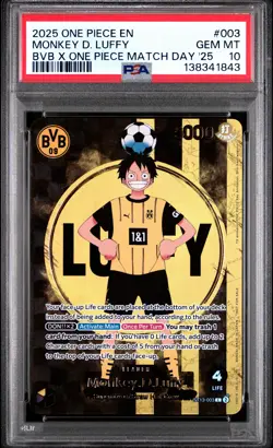2025 ONE PIECE PROMOS BVB X ONE PIECE MATCH DAY 2025 #003 MONKEY D. LUFFY PSA 10 - Image 1