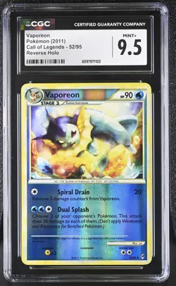 CGC 9.5 MINT+ Vaporeon 2011 Call of Legends 52/95 Reverse Holo Pokemon Card - Image 1