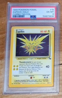 1999 POKEMON FOSSIL CORRECTED FOIL #15 ZAPDOS-HOLO PSA 6 - Image 1