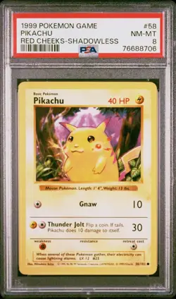 1999 Pokemon Base Set Shadowless Pikachu - 58/102 Red Cheeks PSA 8 NM-MT RARE - Image 1