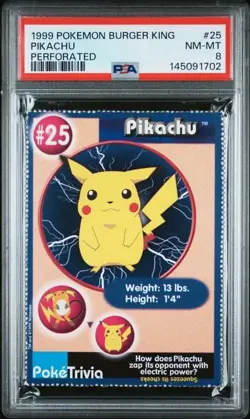 1999 NINTENDO POKEMON BURGER KING CARDS #25 PIKACHU PERFORATED PSA 8 - Image 1