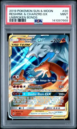 2019 Pokemon Sun & Moon Unbroken Bonds #20/214 - RESHIRAM & CHARIZARD GX PSA 9 - Image 1