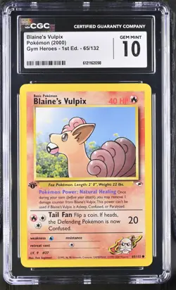 CGC 10 GEM MINT Blaine's Vulpix Gym Heroes 1st Edition 65/132 Pokemon Card - Image 1