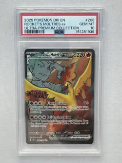 2025 POKEMON DESTINED RIVALS 208/182 TEAM ROCKET'S MOLTRES EX UPC STAMPED PSA 10 - Image 1