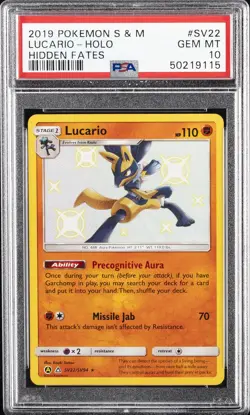 2019 POKEMON SUN & MOON HIDDEN FATES #SV22 LUCARIO-HOLO PSA 10 - Image 1