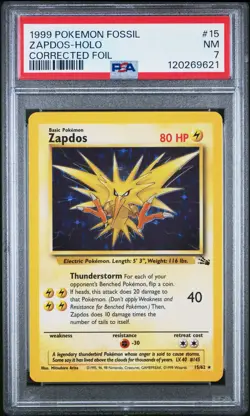 1999 POKEMON FOSSIL CORRECTED FOIL #15 ZAPDOS-HOLO PSA 7 - Image 1