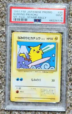 1997 POKEMON JAPANESE PROMO MT. FUJI STAMP RALLY #25 SURFING PIKACHU PSA 9 MINT - Image 1