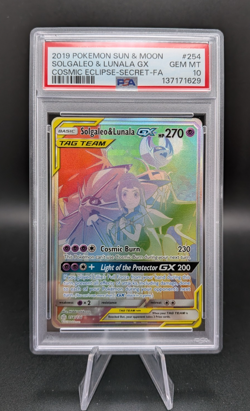 PSA 10 2019 POKEMON SOLGALEO & LUNALA GX SUN & MOON COSMIC ECLIPSE 254 RAINBOW - Image 1