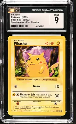 CGC 9 MINT Pikachu 1999 Base Set 58/102 Shadowless Red Cheeks Pokemon Card - Image 1
