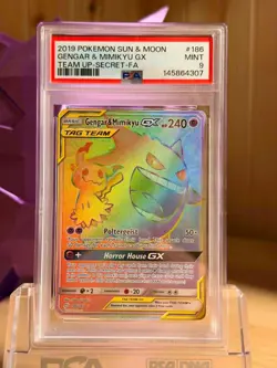 PSA 9 MINT Gengar & Mimikyu GX Tag Team Full Art Rainbow Team Up Pokemon Card - Image 1
