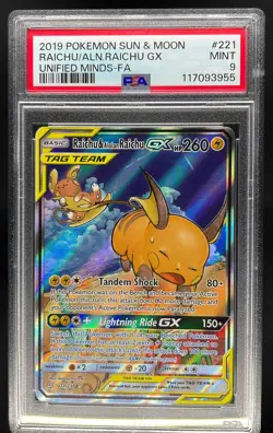 2019 Pokemon S&M Unified Minds Raichu Alolan Tag Team Full Art PSA 9 Mint #221 - Image 1