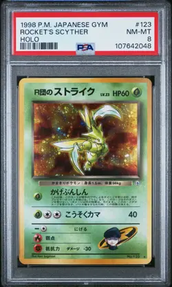 1998 Pokemon Japanese Gym Rocket’s Scyther #123 Holo Rare PSA 8 NM-MT w/ SWIRL - Image 1