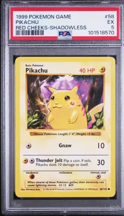 Pokemon 1999 Base Set Shadowless Pikachu Red Cheeks PSA 5 58/102 English - Image 1