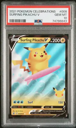 2021 POKEMON CELEBRATIONS #008 SURFING PIKACHU V PSA 10 - Image 1