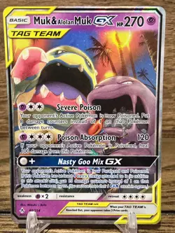 Pokemon Card TCG Muk & Alolan Muk GX 61/214 Tag Team Unbroken Bonds LP Holo - Image 1