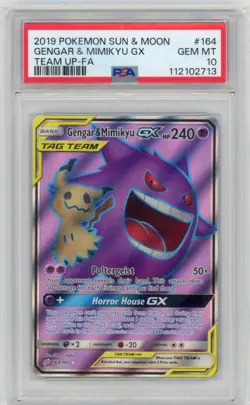 2019 POKEMON SUN & MOON TEAM UP #164 FULL ART/GENGAR & MIMIKYU GX PSA 10 - Image 1