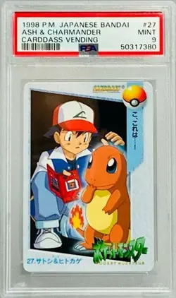 PSA 9 Ash & Charmander #27 Pokemon Bandai Anime Carddass Vending Card - Image 1