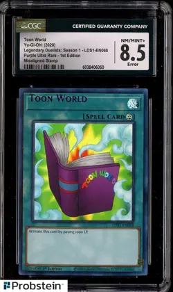 2020 Yu-Gi-Oh! LDS1 1st Edition Purple UR Toon World Misaligned Stamp CGC 8.5 - Image 1