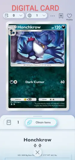 Pokemon Pocket Mobile Game Wisdom Of Sea And Sky Set Honchkrow ◇◇Rare Card Trade - Image 1