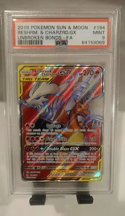 2019 Pokemon Reshiram & Charizard GX Full Art Unbroken Bonds 194/214 PSA 9 - Image 1