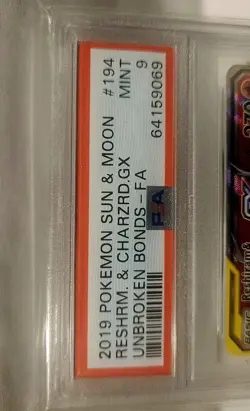 2019 Pokemon Reshiram & Charizard GX Full Art Unbroken Bonds 194/214 PSA 9 - Image 3
