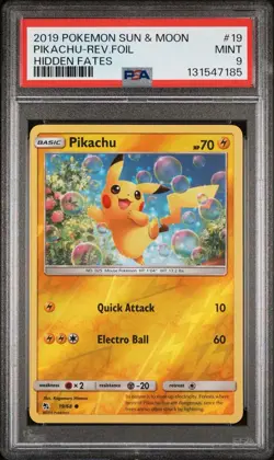 2019 POKEMON SUN & MOON HIDDEN FATES #19 PIKACHU-REVERSE FOIL PSA 9 - Image 1