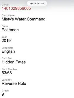 Pokemon Misty's Water Command 63/68 Hidden Fates Reverse Holo CGC Graded 9 - Image 4