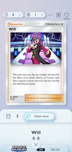 Pokemon Pocket Mobile Game Wisdom Of Sea And Sky Set Will ◇◇ Rare Trainer Card - Image 1