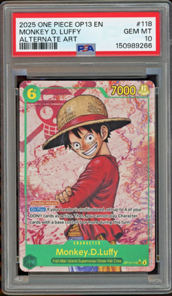 2025 ONE PIECE MONKEY D LUFFY OP13-118 CARRYING ON HIS WILL SEC ALT ART PSA 10 - Image 1